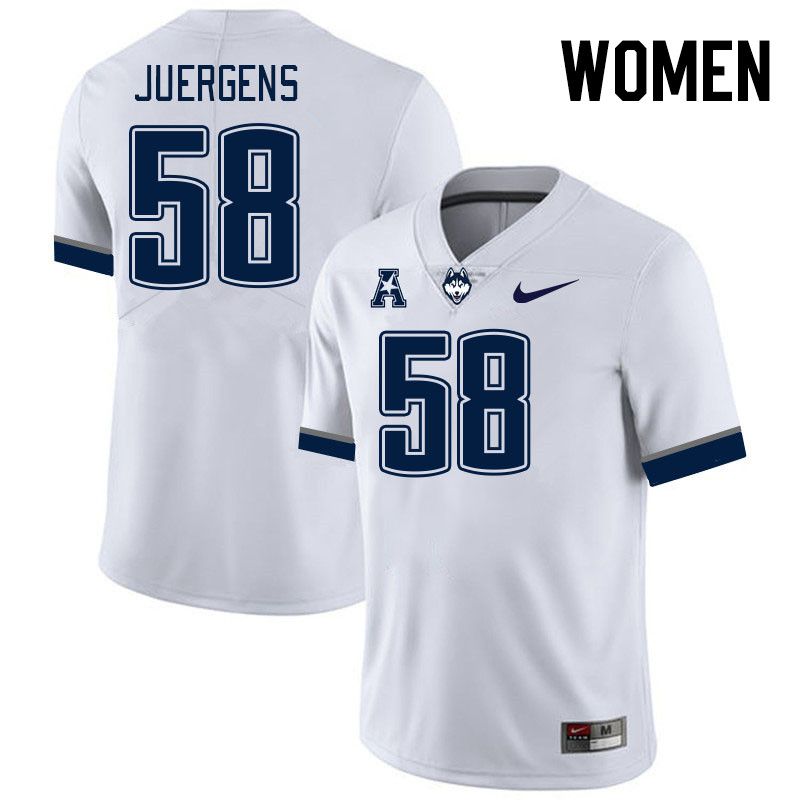 Women #58 Kyle Juergens Connecticut Huskies College Football Jerseys Stitched Sale-White - Click Image to Close